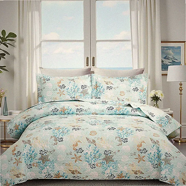 3-Piece Coastal Beach Bedspread Set Full/Queen Quilt Set Blue Ocean Theme Beddin