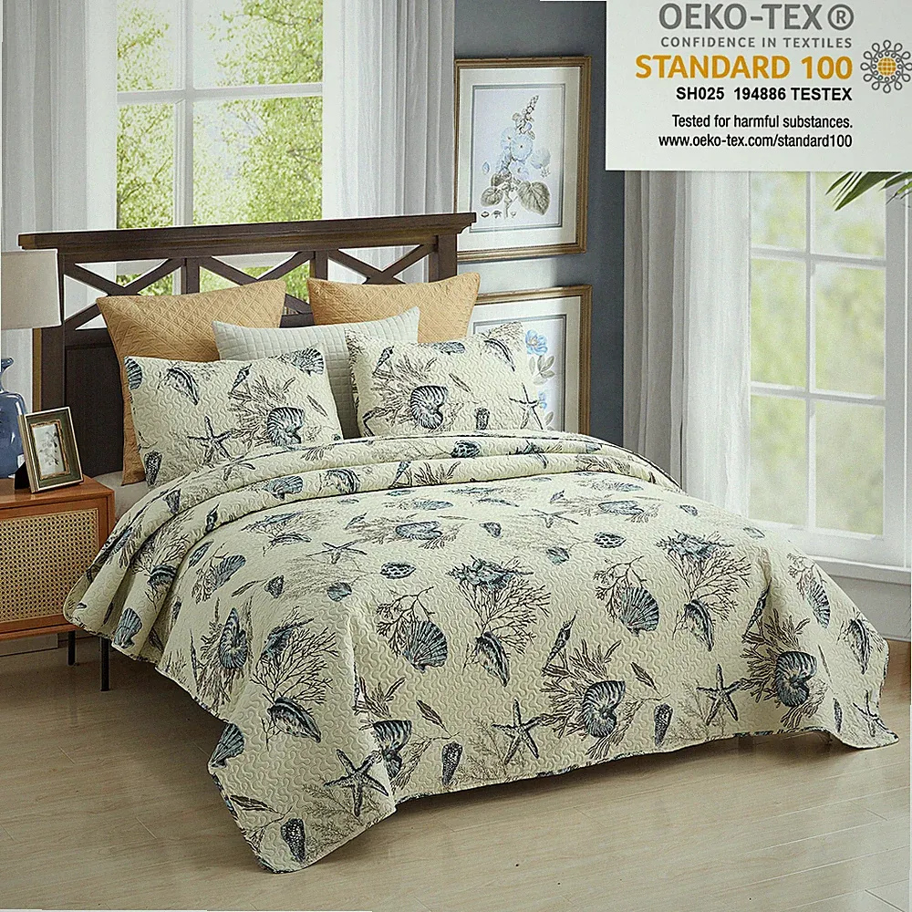 3Piece Beach Coral Ocean Sea Shell Quilt Set Floral Bedspreads Coverlets Bedding