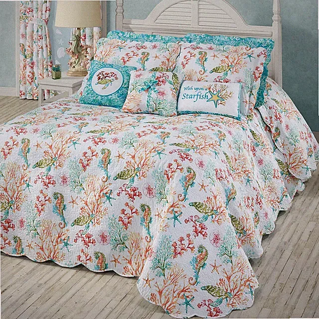 Atlantis Oversized Coastal Sealife Quilted Cotton Bedspread Beach Decor