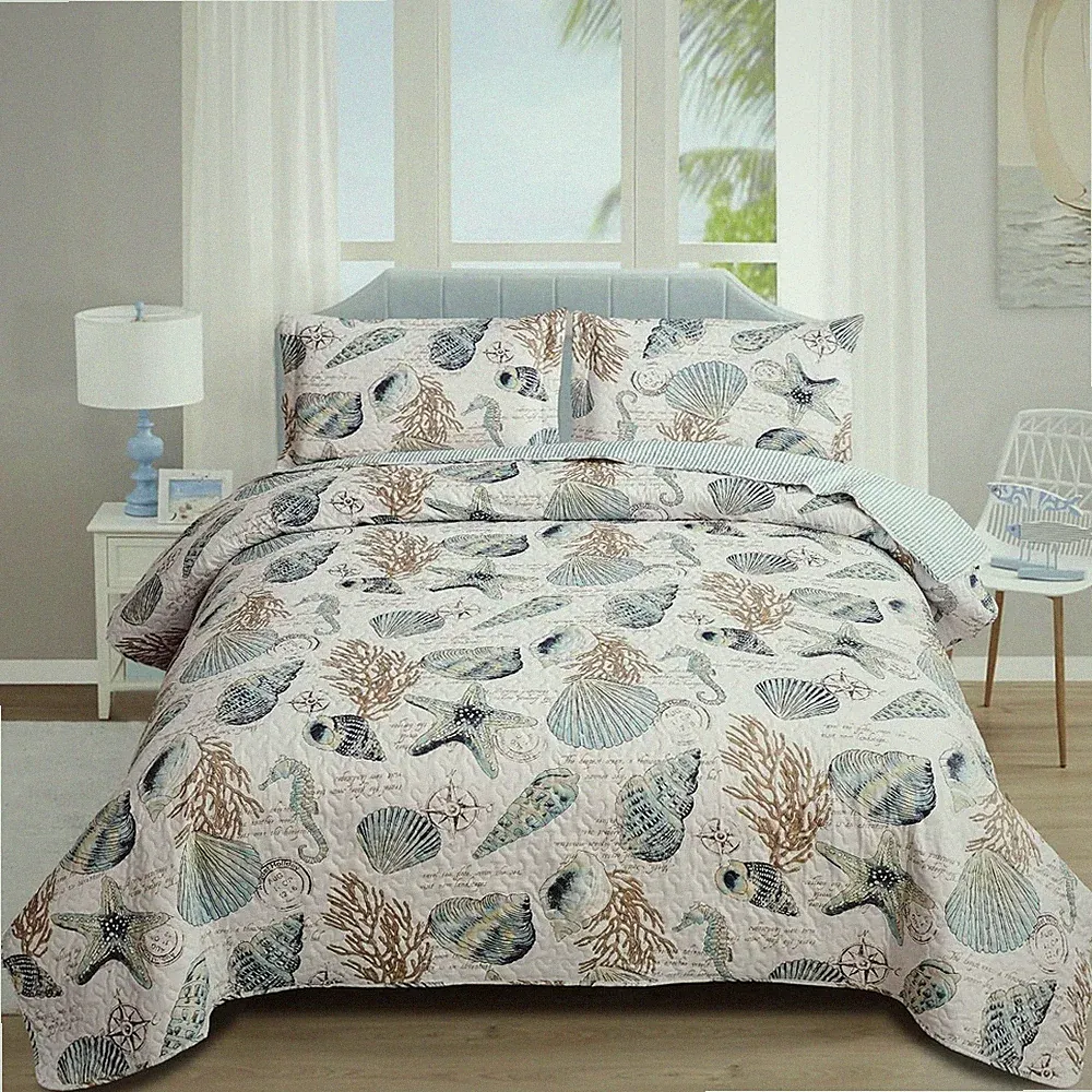 Beach Bedding Full/Queen Size Lightweight Coastal Bedspreads Ocean Theme,3Pcs Co