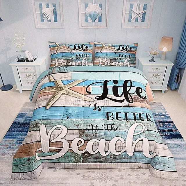 Beach Life Comforter Set Queen Size,Cute Starfish Bedding Set 3Pcs,Rustic Farmho