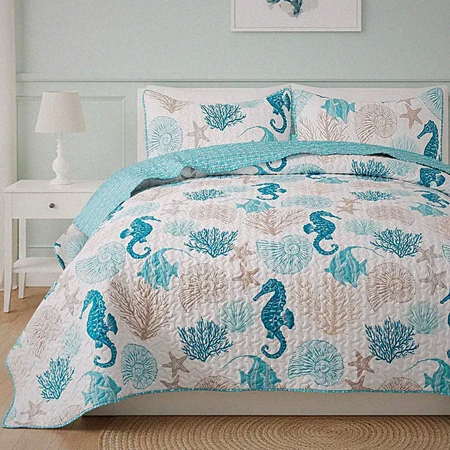 Beach Quilt Set – Queen and 2 Shams, Coastal Bedding and Ocean Themed Quilt with