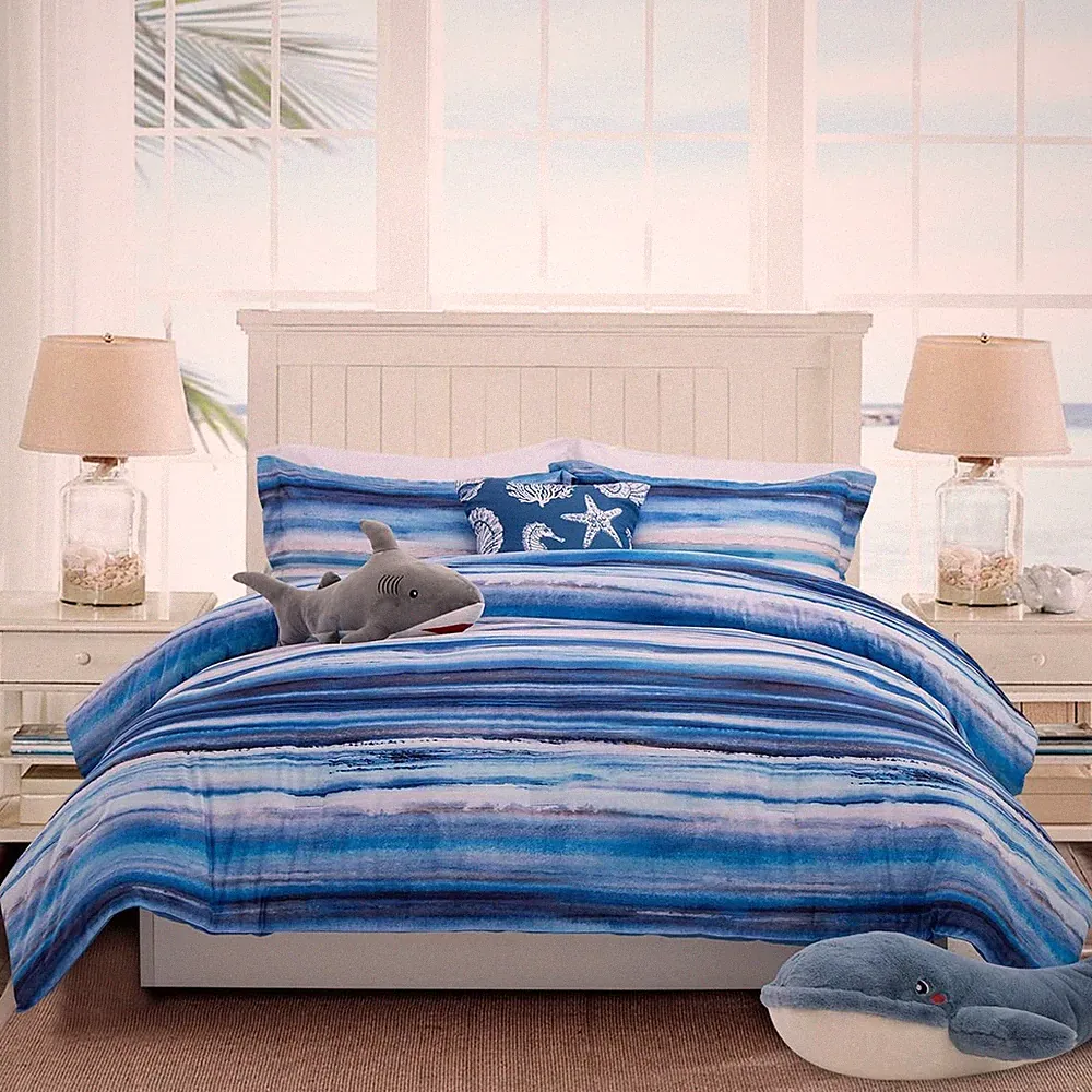 Beach Stripe Bedding Sets 6 Pieces, Blue Coastal Striped Comforter Set Queen...