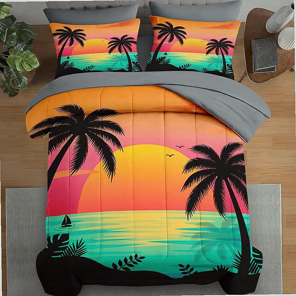 Beach Sunset Palm Tree Queen Comforter Set - 7 Pcs Tropical Bedding Decor