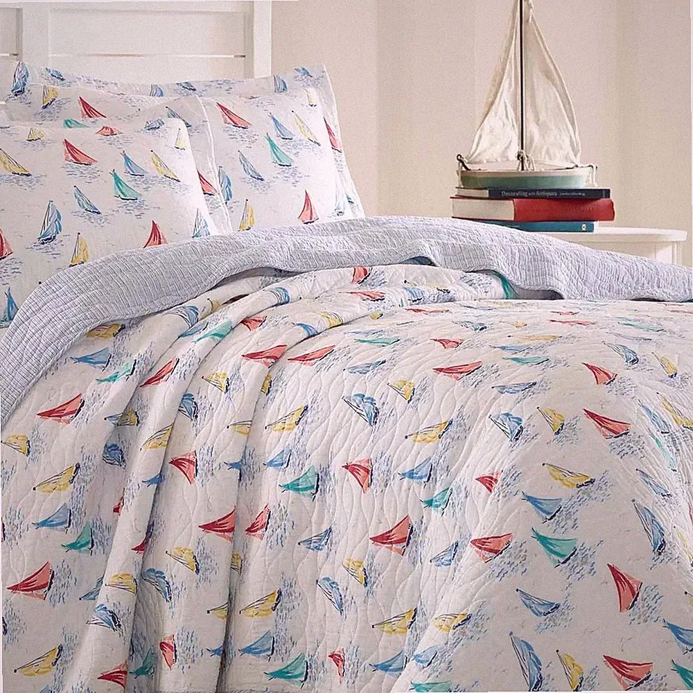 BEAUTIFUL BEACH HOUSE SAIL BOAT WHITE RED AQUA BLUE YELLOW NAUTICAL QUILT SET