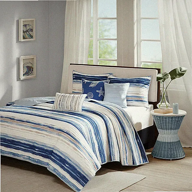 BEAUTIFUL BEACH WAVES BLUE NAVY LAKE HOUSE OCEAN SEASHELL NAUTICAL QUILT SET
