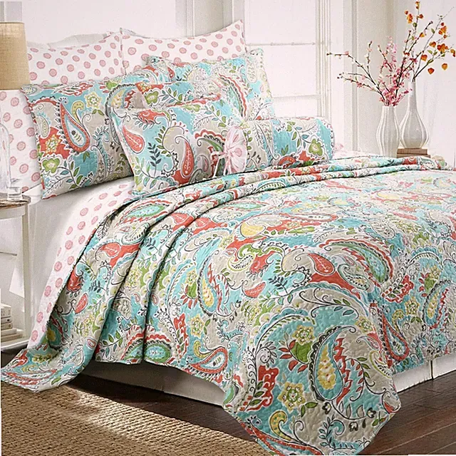 BEAUTIFUL CHIC TROPICAL BLUE TEAL AQUA CORAL BEACH GREEN LEAF BOHEMIAN QUILT SET