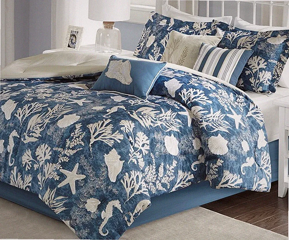 BLUE OCEAN CAPE 7pc Queen COMFORTER SET : WHITE BEACH NAUTICAL SEA SHELL