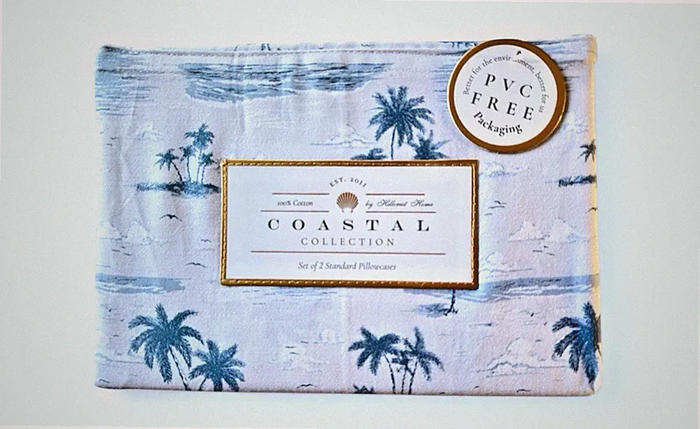 Coastal Collection Set of 2 Standard Pillowcases Palm Trees Beach Blue Cotton