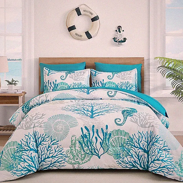 Coastal Comforter Set Queen, Beach Themed Comforter,7 Pieces Ocean Nautical Seaw