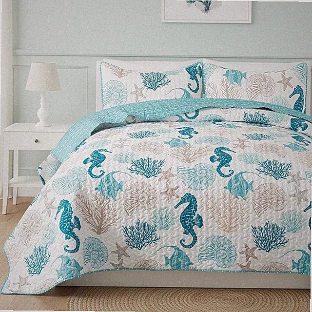 Coastal Queen Quilt Set with 2 Shams – Beach and Ocean Theme Bedding