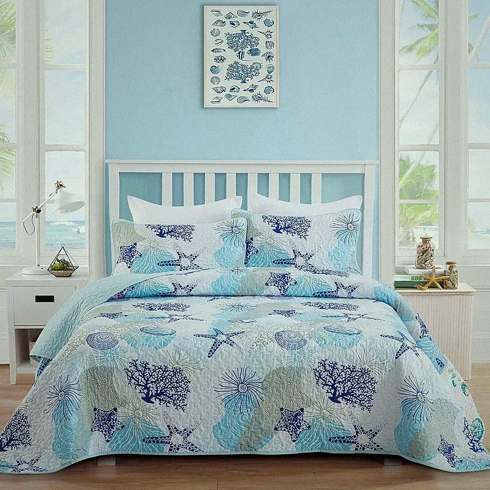 Coastal Quilt Set Queen Size, Blue Ocean Beach Themed Bedding Set Coral Seashell