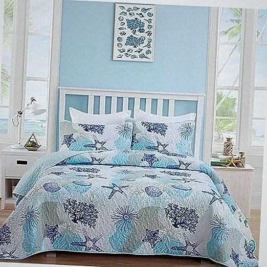 Coastal Quilt Set Size, Blue Ocean Beach Themed Bedding Set Twin Blue Coastal