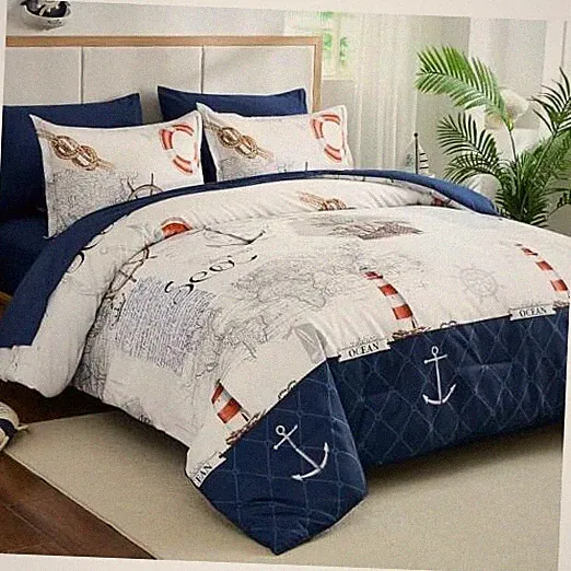 Coastal Size Comforter Set 7 Piece, Soft Beach Themed Comforter Queen Nautical