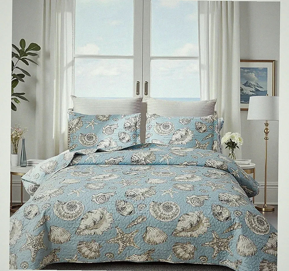 🐚COSTAL KING Only OCEAN QUILT 3 Piece SET Reversible! Seashell Starfish Seaweed