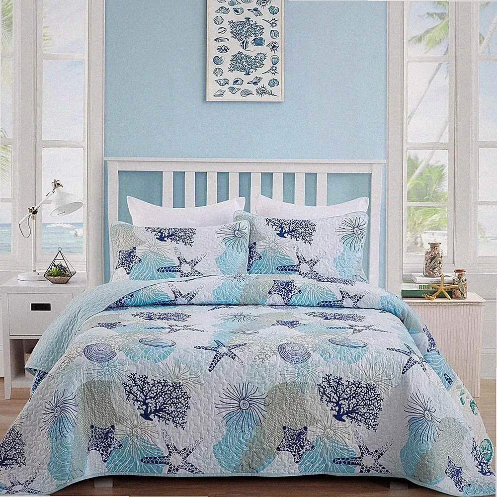 Dinjoy Coastal Quilt Set Full Size, Blue Ocean Beach Themed Bedding Set Coral Se