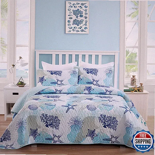 Dinjoy King Coastal Quilt Set, Blue Ocean Beach Theme, Coral Seashell Bedding