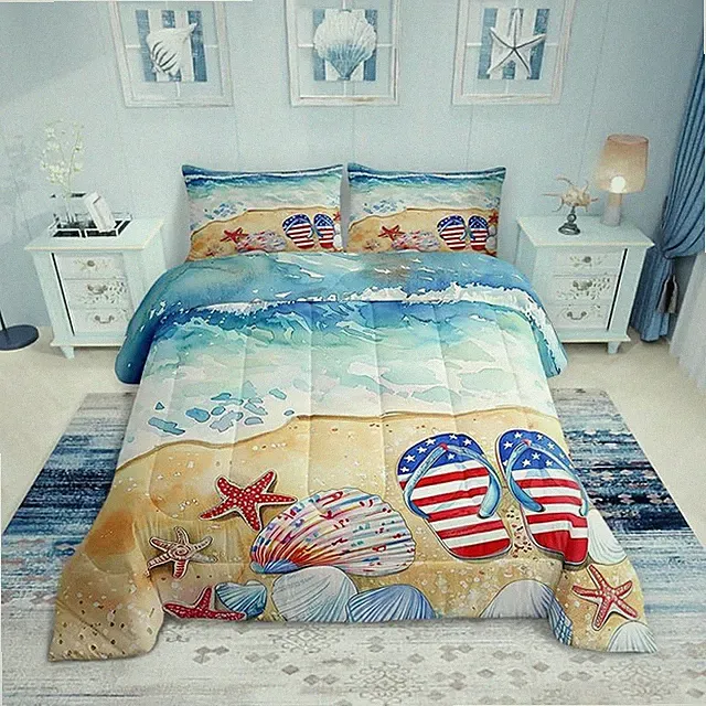 Hawaii Beach Comforter Set Full Size,Seaside Flip Flops American Flag Bedding Se