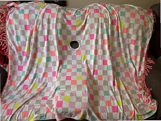 HUGE Beach Blanket w/Umbrella HOLE Bright Tropical Check Pink Coral SOFT!!