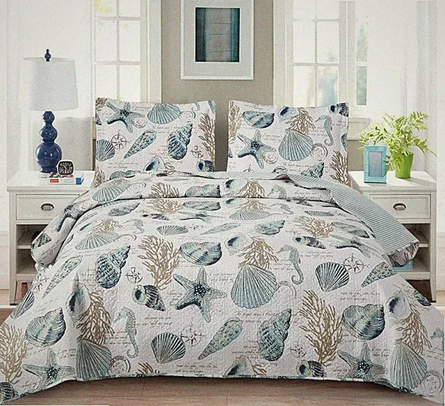 Jarson Summer Beach Bedspreads Set Seashell Conch Coverlet Sets King Size,3Pcs