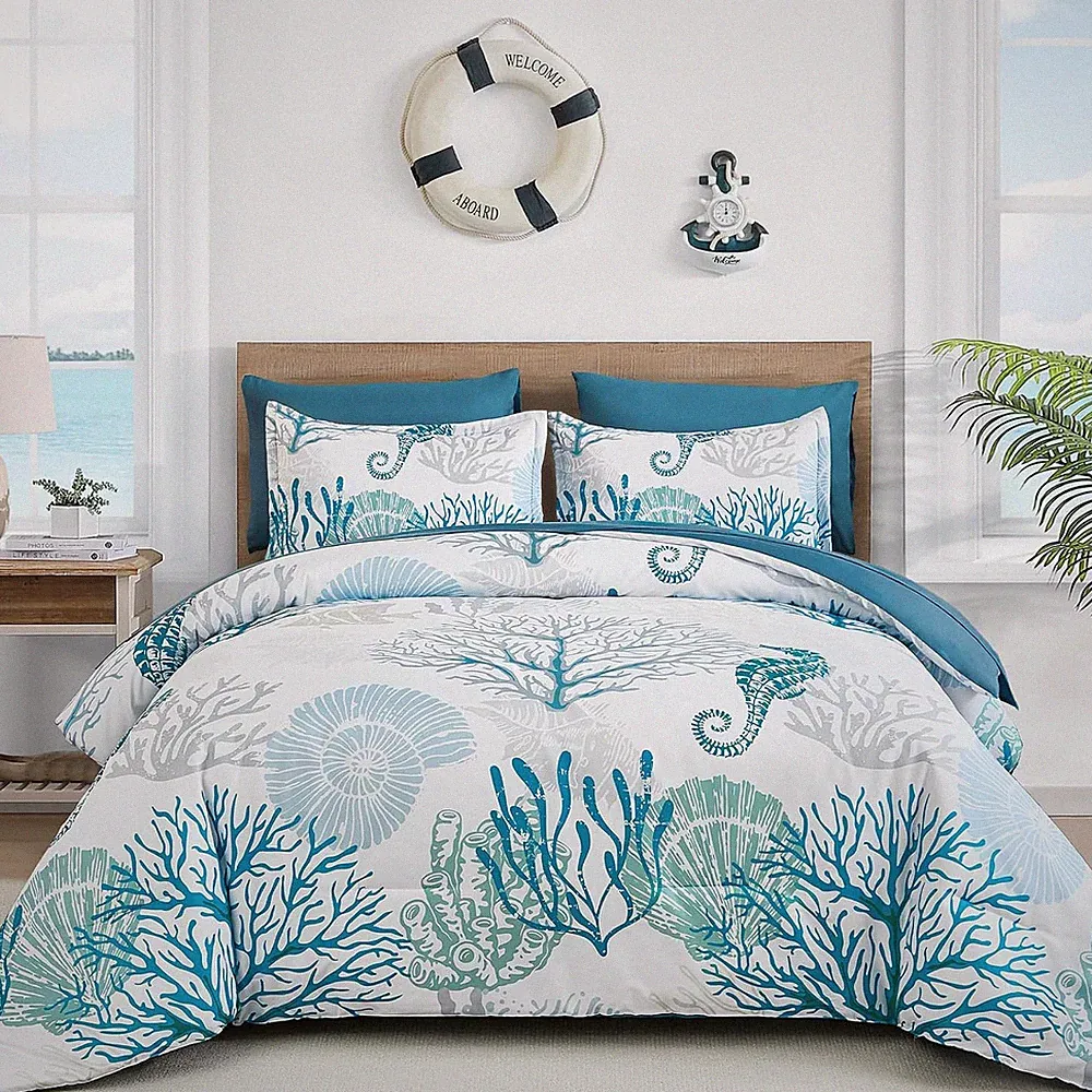 King Coastal Comforter Set 7 Piece Ocean Starfish Beach Bedding Bed in Bag
