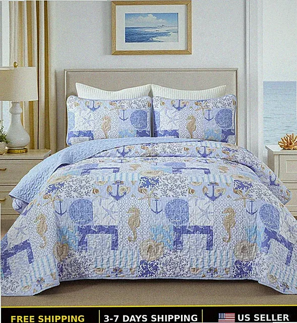King Size Reversible Blue Coastal Quilt Set - Nautical Beach Design