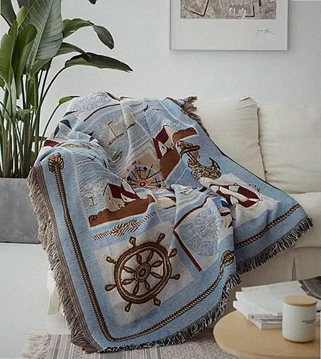 Nautical Coastal Woven Throw Blanket 51x63 in Lighthouse Beach Decor
