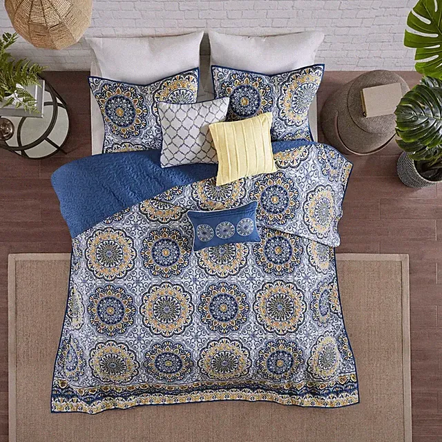 NEW! ~ BEAUTIFUL TROPICAL BLUE YELLOW WHITE SOUTHWEST BEACH TEAL AQUA QUILT SET