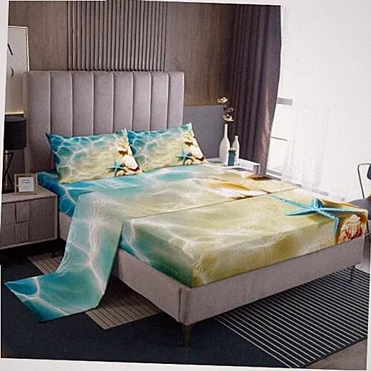 Ocean Bed Sheets Set Beach Fitted Sheets Coastal Nature Theme Queen Multi 45