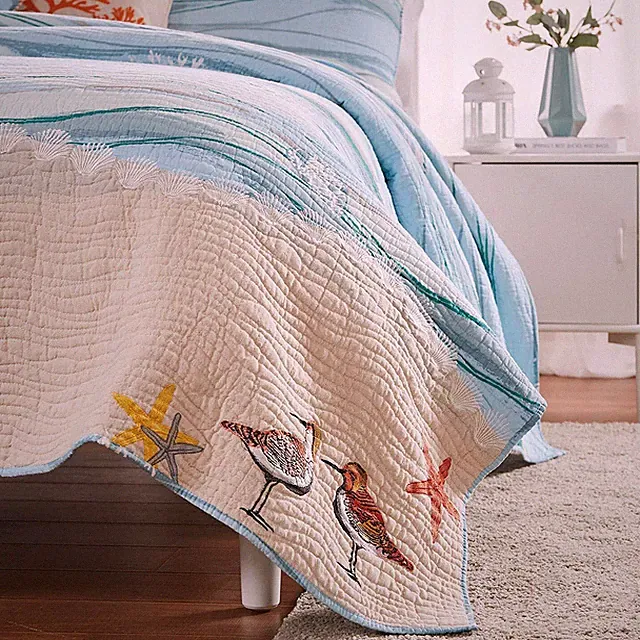 OCEAN BLUE 3p King ** QUILT SET : COTTON BEACH HOUSE SEASIDE CORAL SHELL MAUI