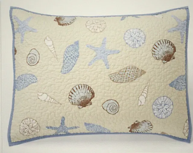 Ocean Blue Sea Shells Beach Reversible Quilted Standard Pillow Sham - New