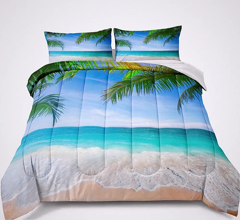 Ocean Comforter Set Queen Size Beach Bedding Set Tropical Palm Tree Hawaii Oc...
