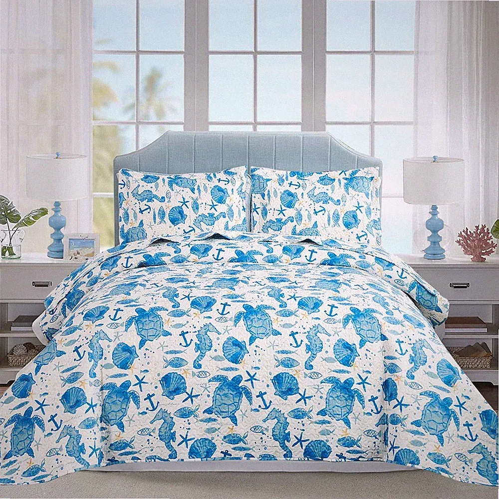 Ocean Quilt Sets King Size Summer Bedspread Beach Bedding Set Lightweight Coverl