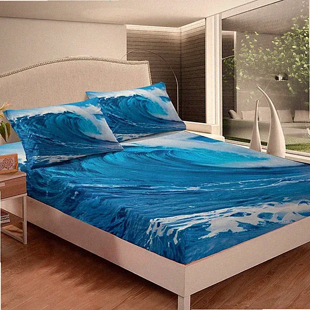 Ocean Wave Fitted Sheet Full for Summer Sea Beach Bedding Set Hawaiian Tropic...