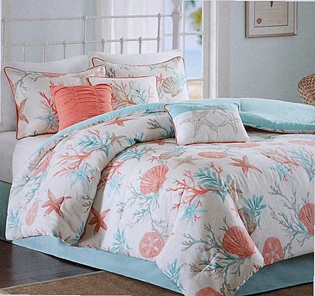 PEBBLE BEACH 6pc Queen COMFORTER SET : AQUA SHELL BEACH COASTAL OCEAN TROPICAL