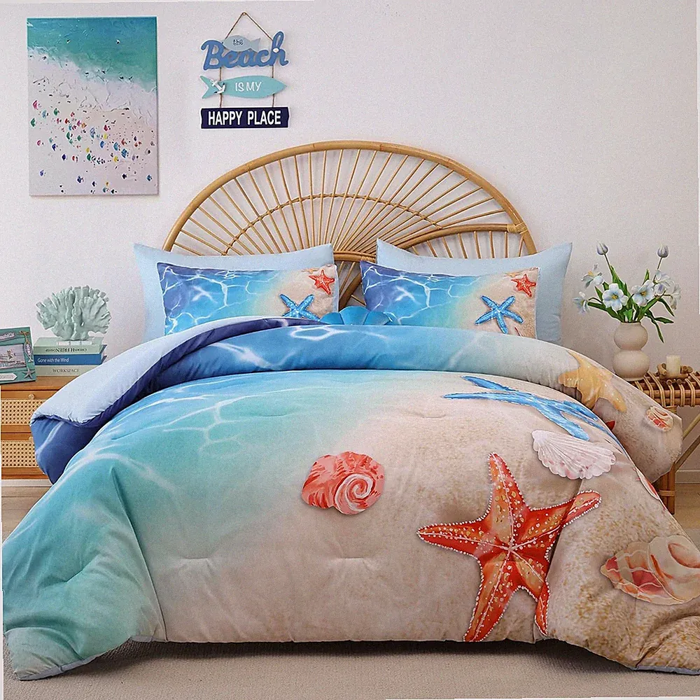 Queen Comforter Set – 3 Pieces Coastal Beach Themed Bedding Set, Lightweight Sof