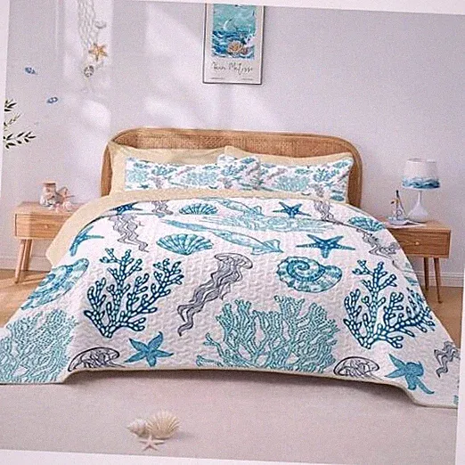 Quilt Set Size Beach Nature 3 Pcs Soft Bed Cover Bedding Set, Full/Queen Ocean