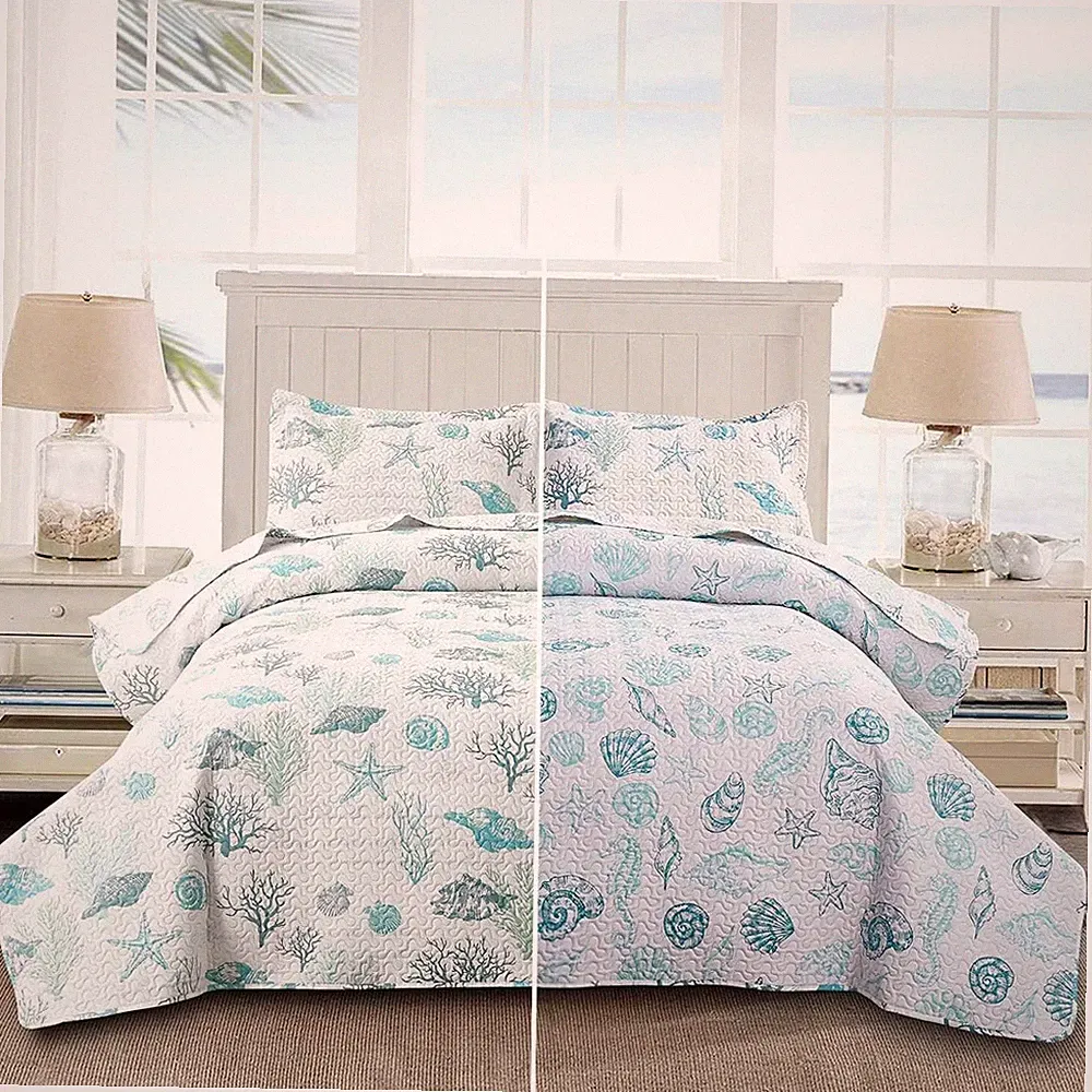 Reversible Coastal Beach Theme Quilt Set Queen/Full Size Ocean Coral Bedding Sea