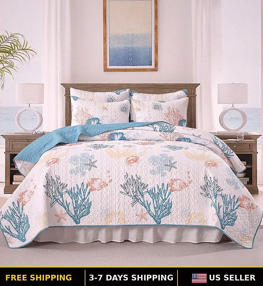 Reversible King Size Coastal Quilt Bedding Set - Summer Beach Design