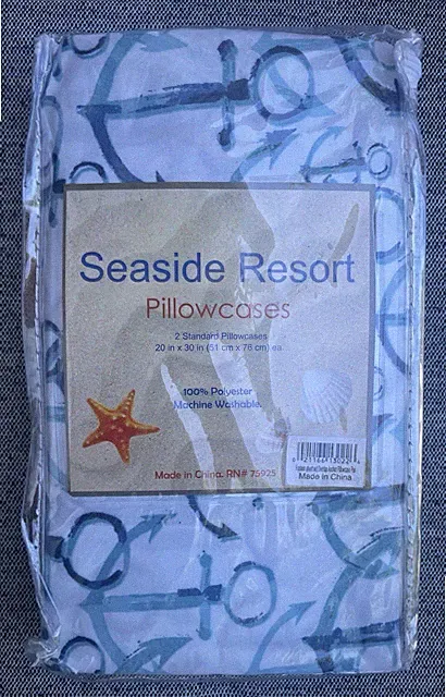 Seaside Resort 2 Standard Pillowcases NEW Blue White Anchor Beach House Nautical