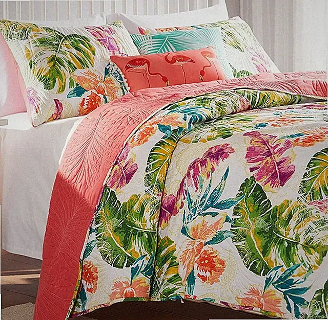 TROPICS 3pc Full Queen QUILT SET : TROPICAL CORAL BEACH GREEN PALMS OCEAN HOUSE