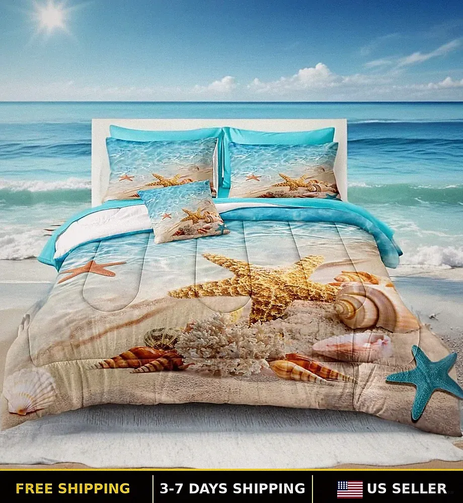 Turquoise Beach Themed 8-Piece King Size Comforter Set, Soft Bedding