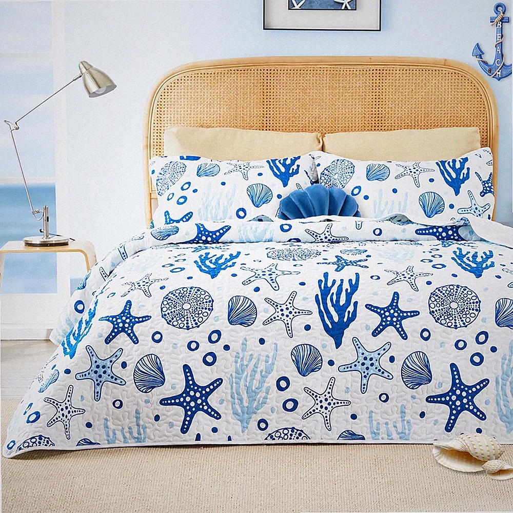 Twin Quilt Bedding Set Coastal White Bedspreads - Soft Bed Summer Beach Nauti...